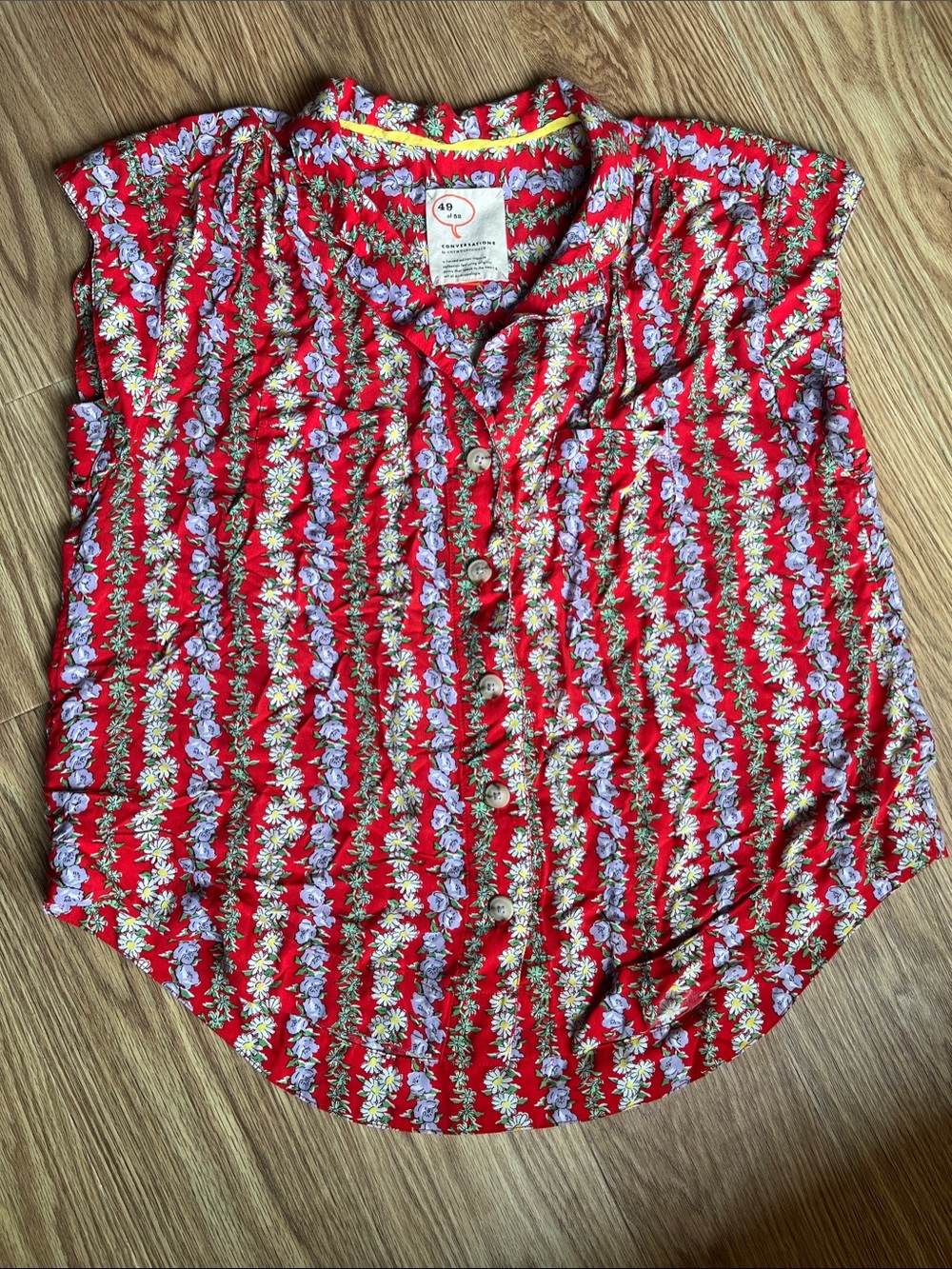 Anthropologie 49 of 52 Red Floral Stripe Sleeveless Button-Down Top